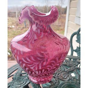 Fenton Fern & Daisy Cranberry Ruffled Opalescent 11 1/2  inch Vase Stunning